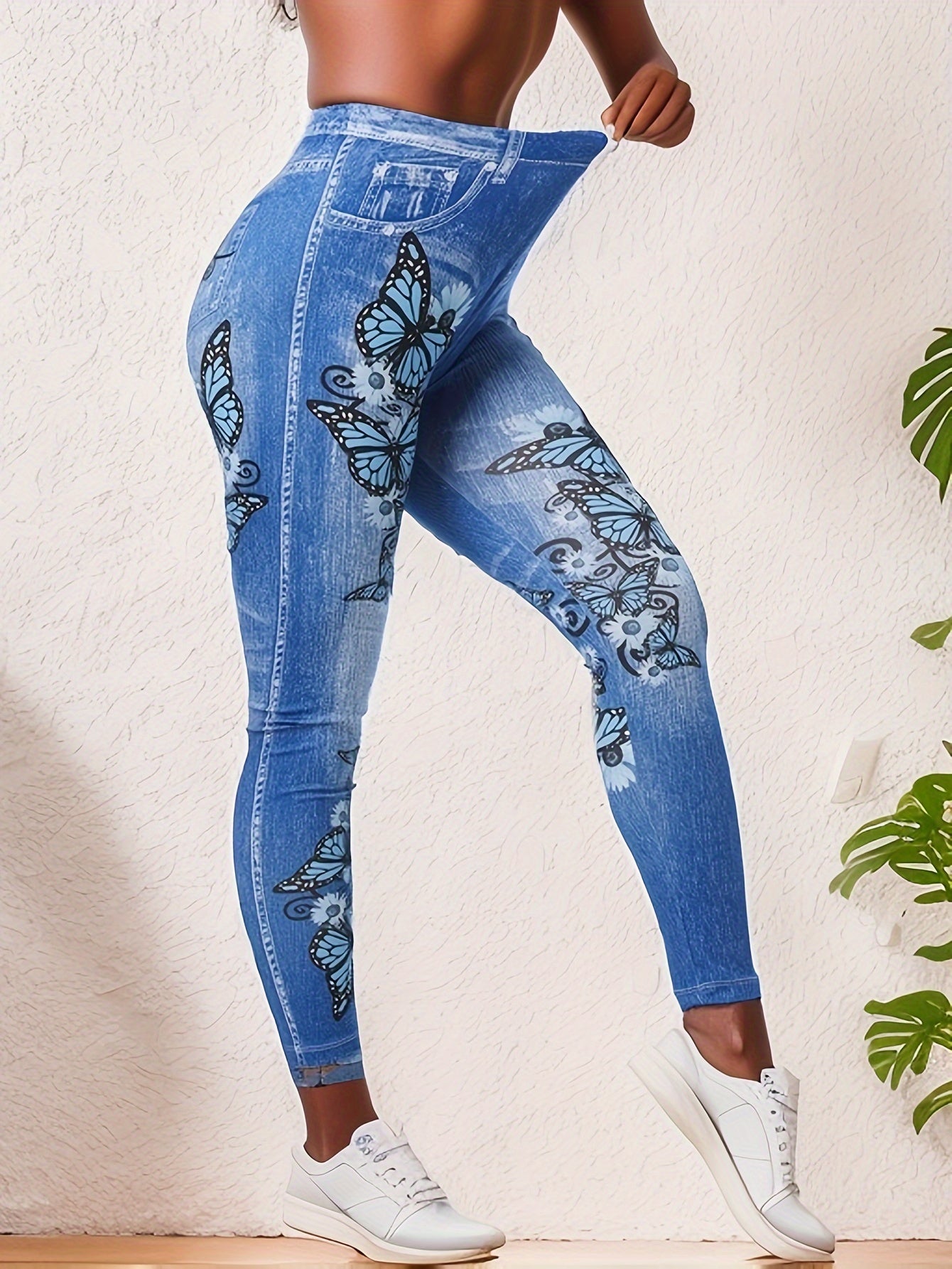 Elegant Women's Denim Leggings with Butterfly Print - Fall/Winter Collection - 9/10 Length - Adult Size - Polyester Blend - Knit Fabric - Perfect for Festive Occasions