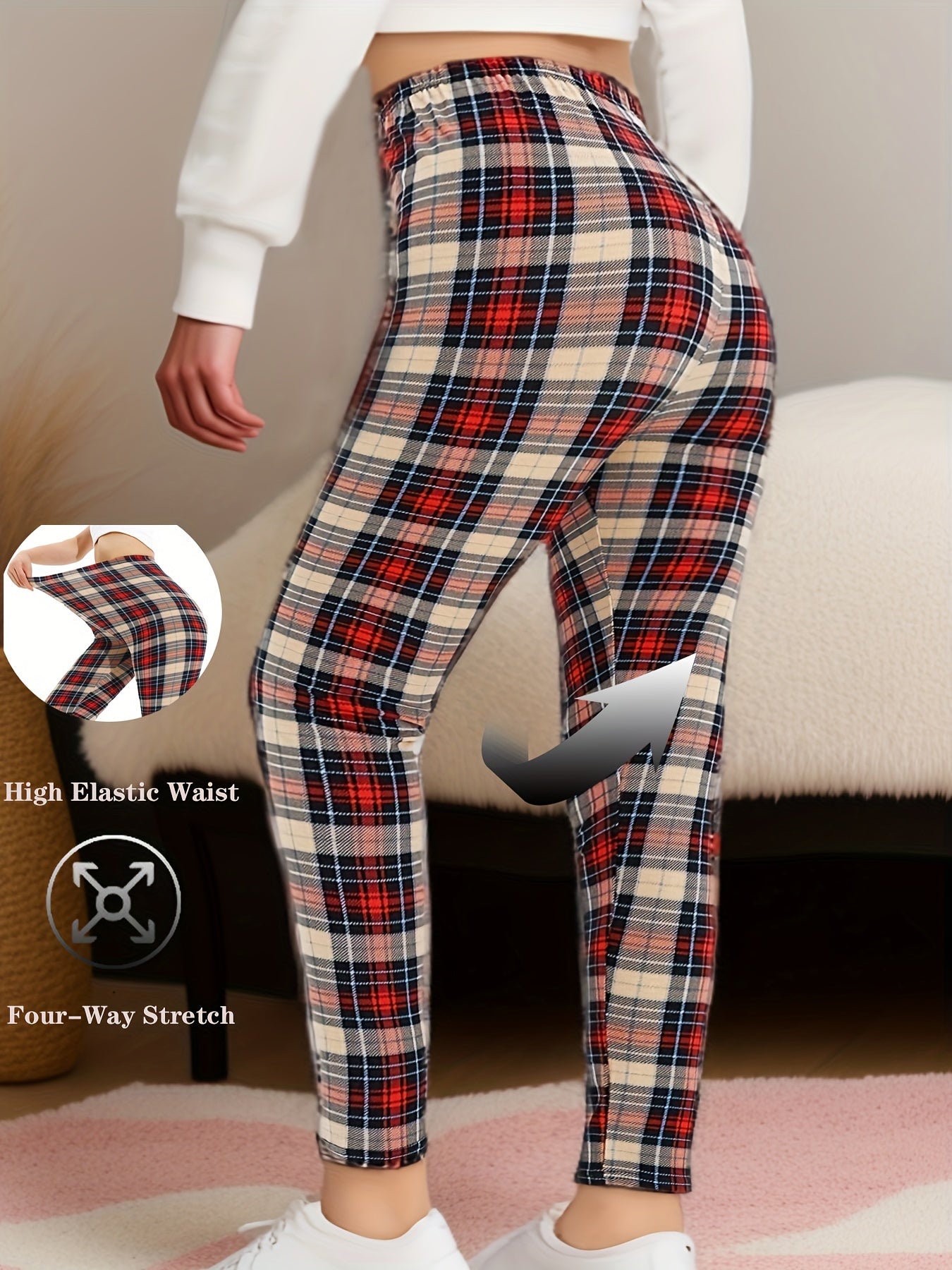 Women's Plus Size Plaid Leggings - High-Waist, Stretchy & Comfortable for Workout, Running & Casual Wear