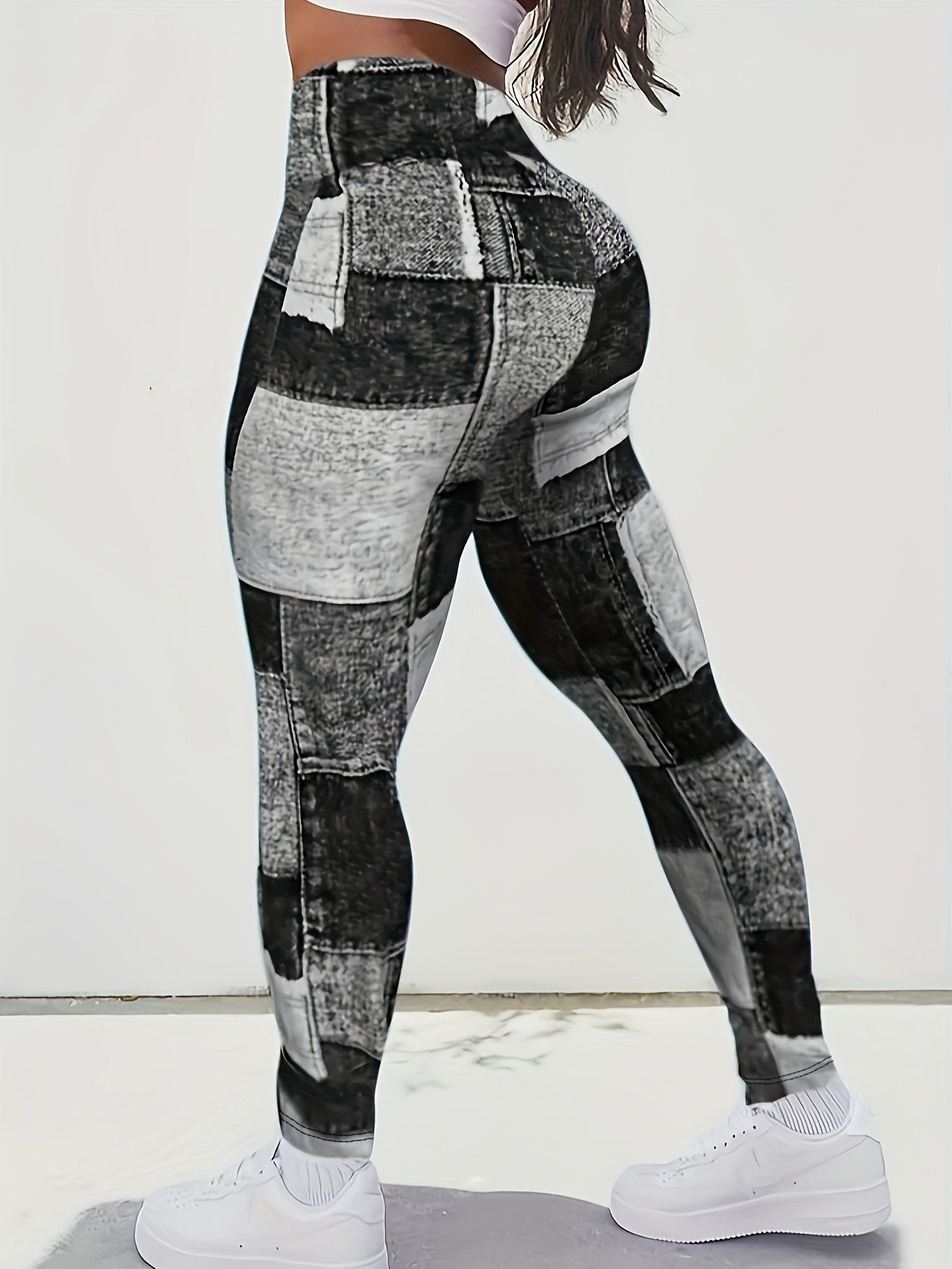 Plus Size Denim Print Leggings - Flattering Tummy Control, High Waist, Mid-Weight Stretch for Casual Chic Style