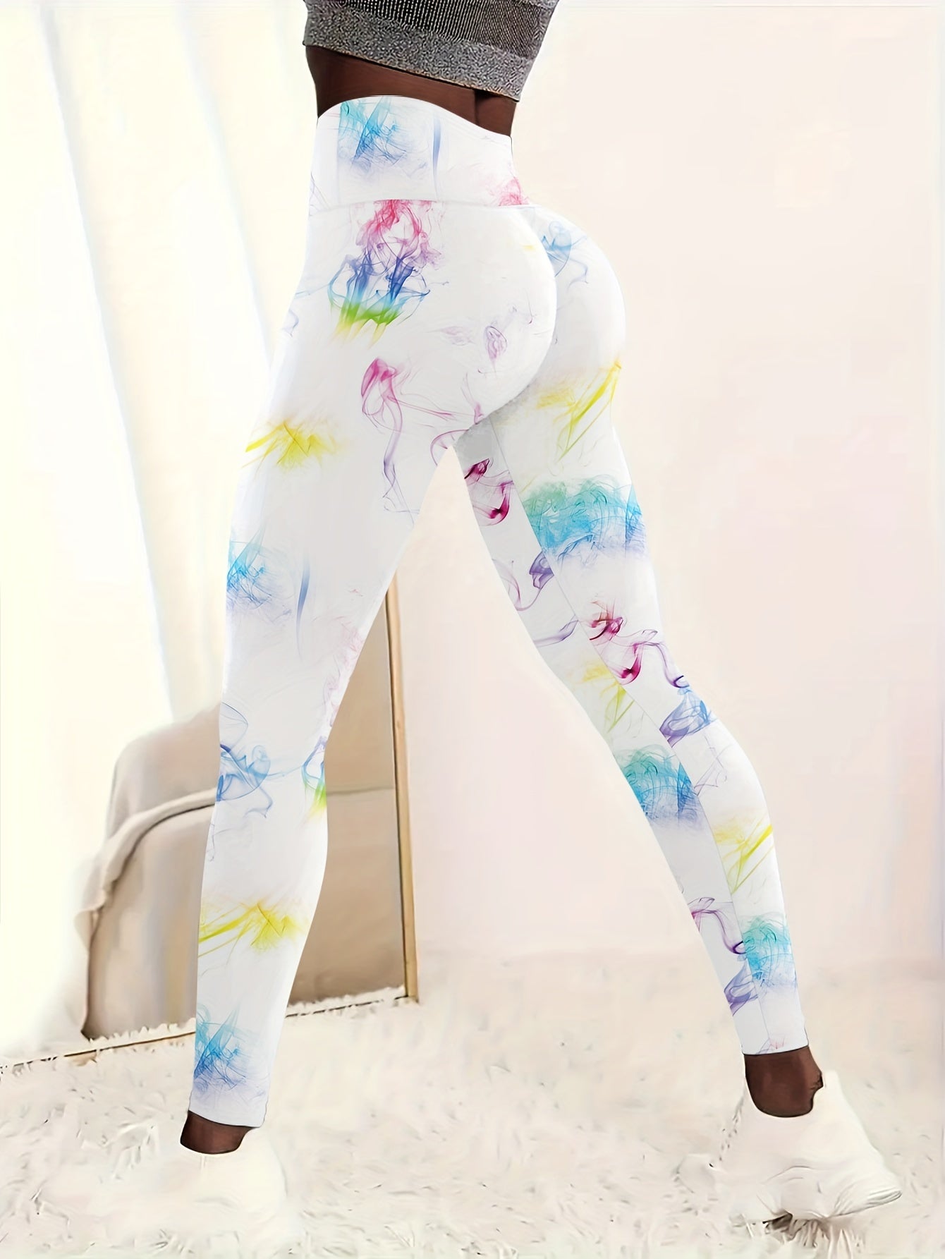 Stylish Women's Yoga Pants For Various Activities Such As Fitness, Running, And Outdoor Exercises, Colorful Smoke Print Pattern