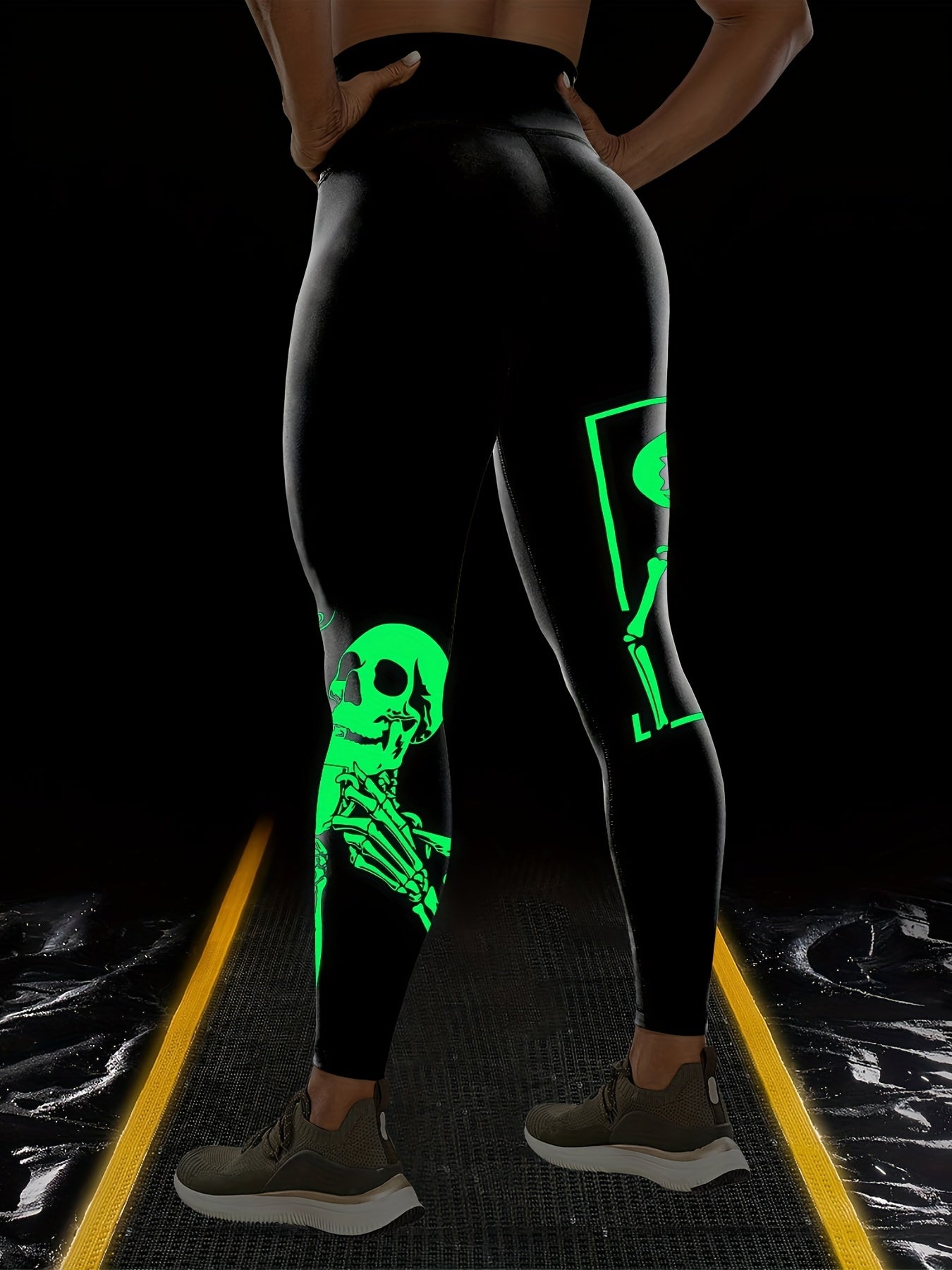 Fluorescent Skull Halloween Printed Sports Yoga Leggings, High Waist Workout Running Sports Tight Pants, Women's Activewear Carnaval & Music Festival