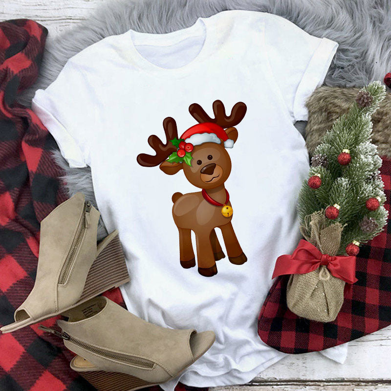 Christmas Lady Short-sleeved T-shirt Cartoon Santa Claus Print Street Casual T-shirt-Aria Doejay