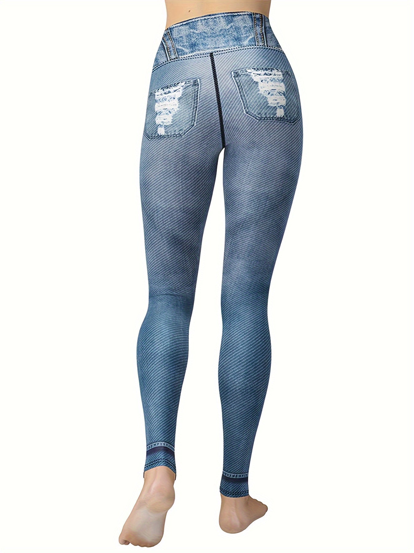 Women's High Waist Yoga Pants, Faux Denim Print, Stretchy Skinny Workout Leggings, Butt Lifting Tights, Fitness Apparel, Athletic Gym Wear