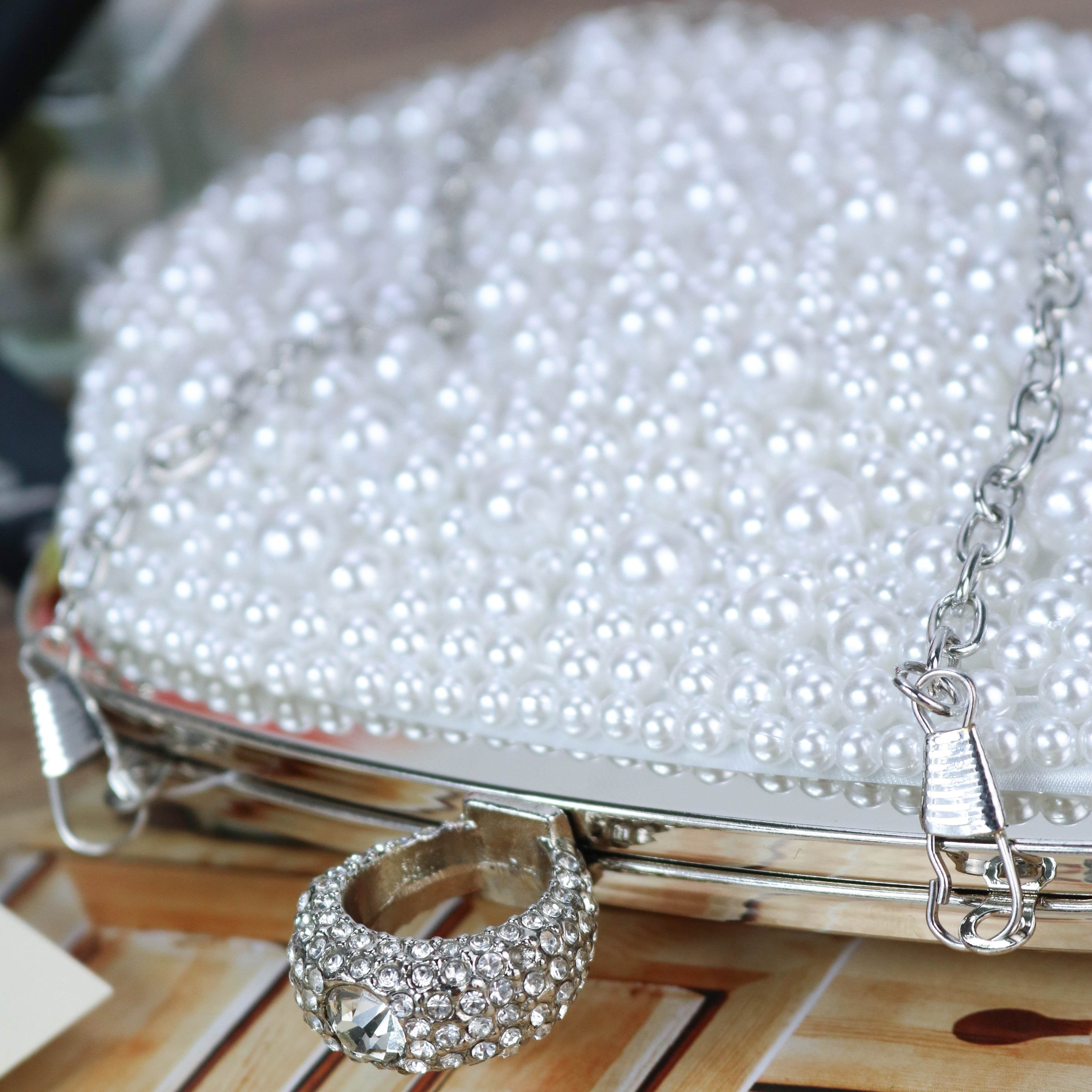 Elegant White Pearl Evening Clutch for Women, Polyester Solid Color Beaded Banquet Handbag with Buckle Closure and Removable Strap - Guangzhou Exclusive