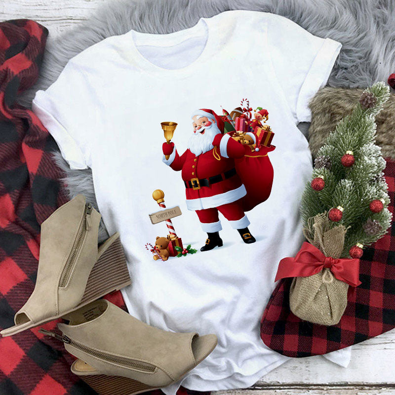 Christmas Lady Short-sleeved T-shirt Cartoon Santa Claus Print Street Casual T-shirt-Aria Doejay