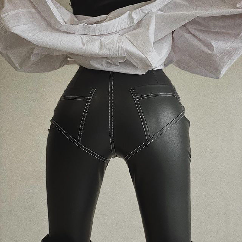 PU Leather Elastic Skinny Pants High Waist Stitching Hip Leggings-Aria Doejay