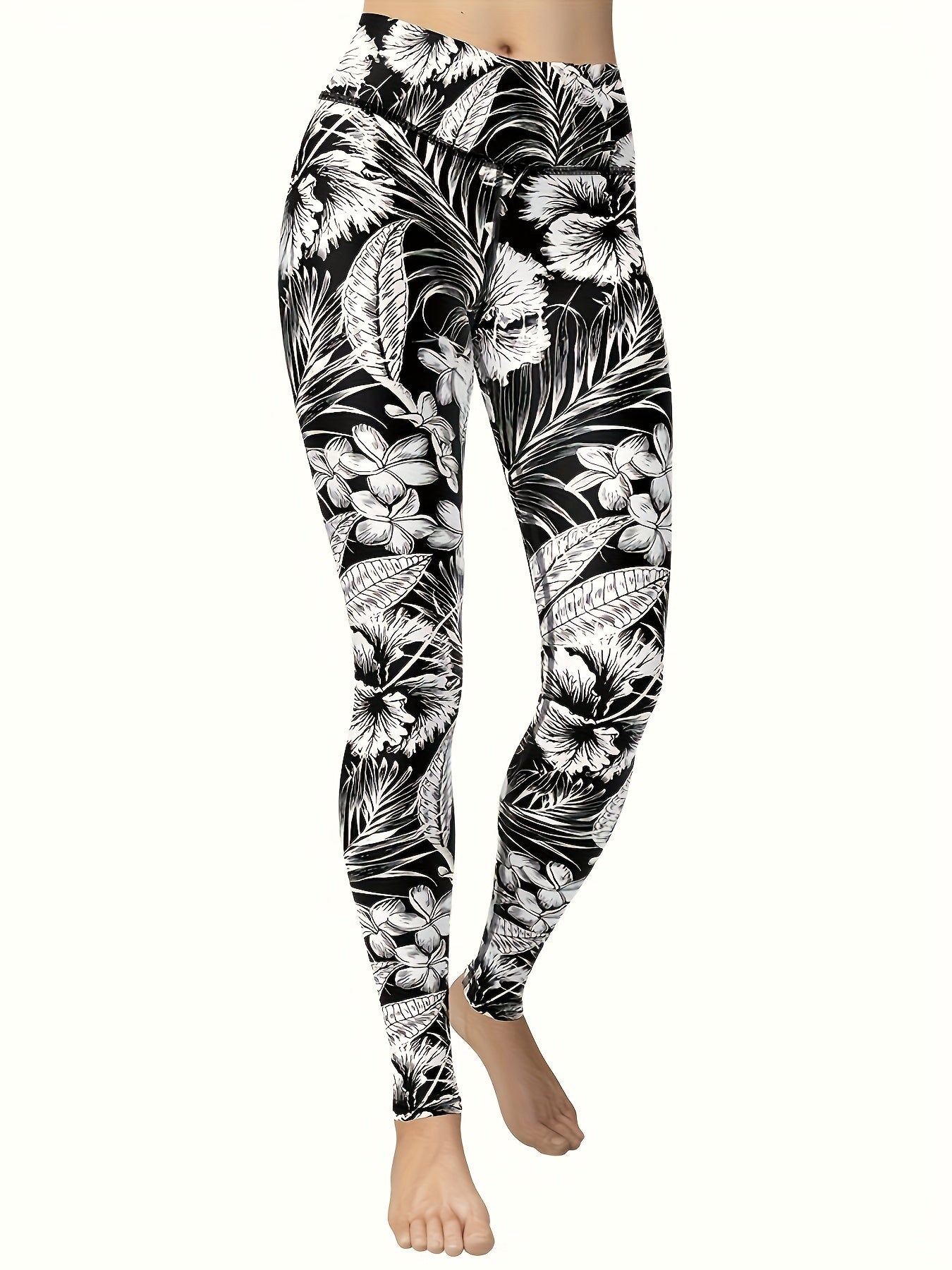 Black And White Floral Printed Women's Yoga Pants