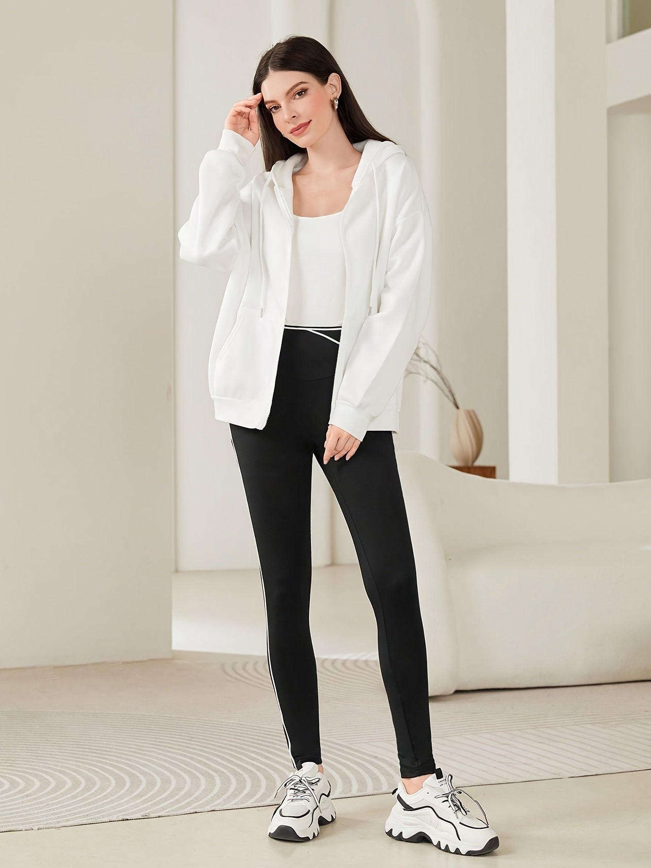 High Waist Contrast Trim Skinny Leggings, Every Day Casual Stretchy Women's Clothing