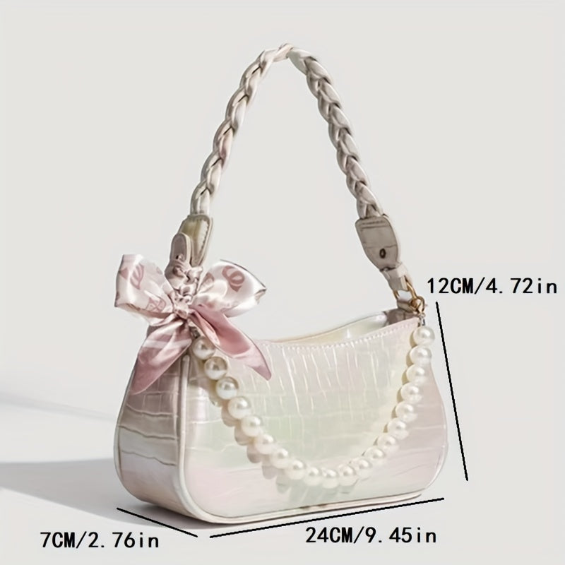 Chic Laser Pearl-Embellished Crossbody Bag for Women - Adjustable Strap, Fashionable Faux Leather Shoulder Purse with Zip Closure, Casual Style, Polyester Lined