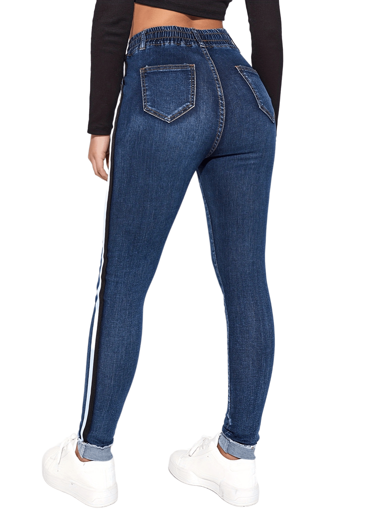 Womens Roll Up Hem Skinny Jeans - Super Stretch Elastic Drawstring Waist - Figure-Flattering Slim Fit Denim Pants - Adjustable, Sexy Style for Casual Wear - Denim Wardrobe Essential