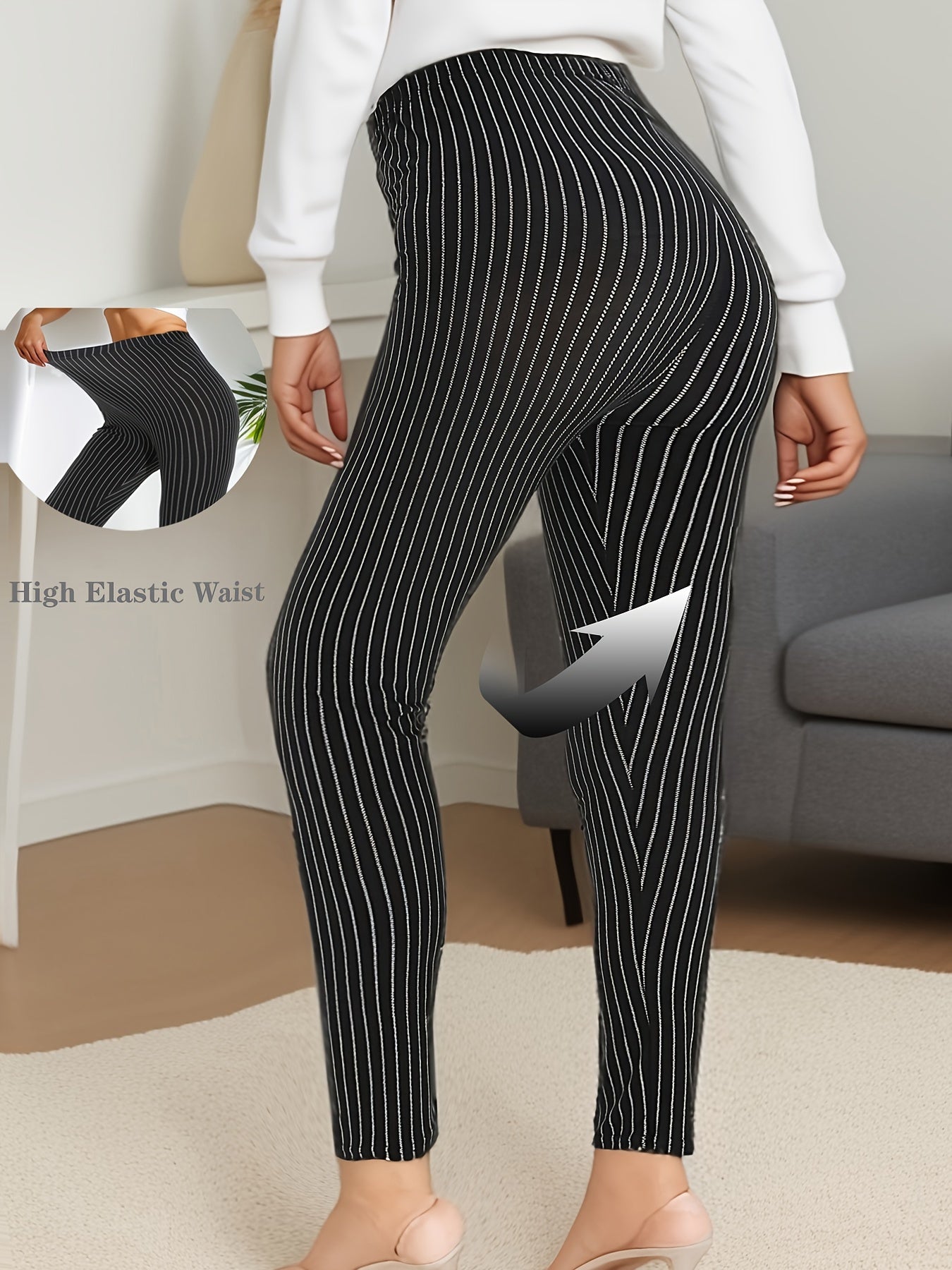 Stretchy Plus Size Stripe Print Skinny Leggings - High Waist, Casual, Everyday Wear Leggings for Women - Soft, Breathable, Comfortable, and Flattering