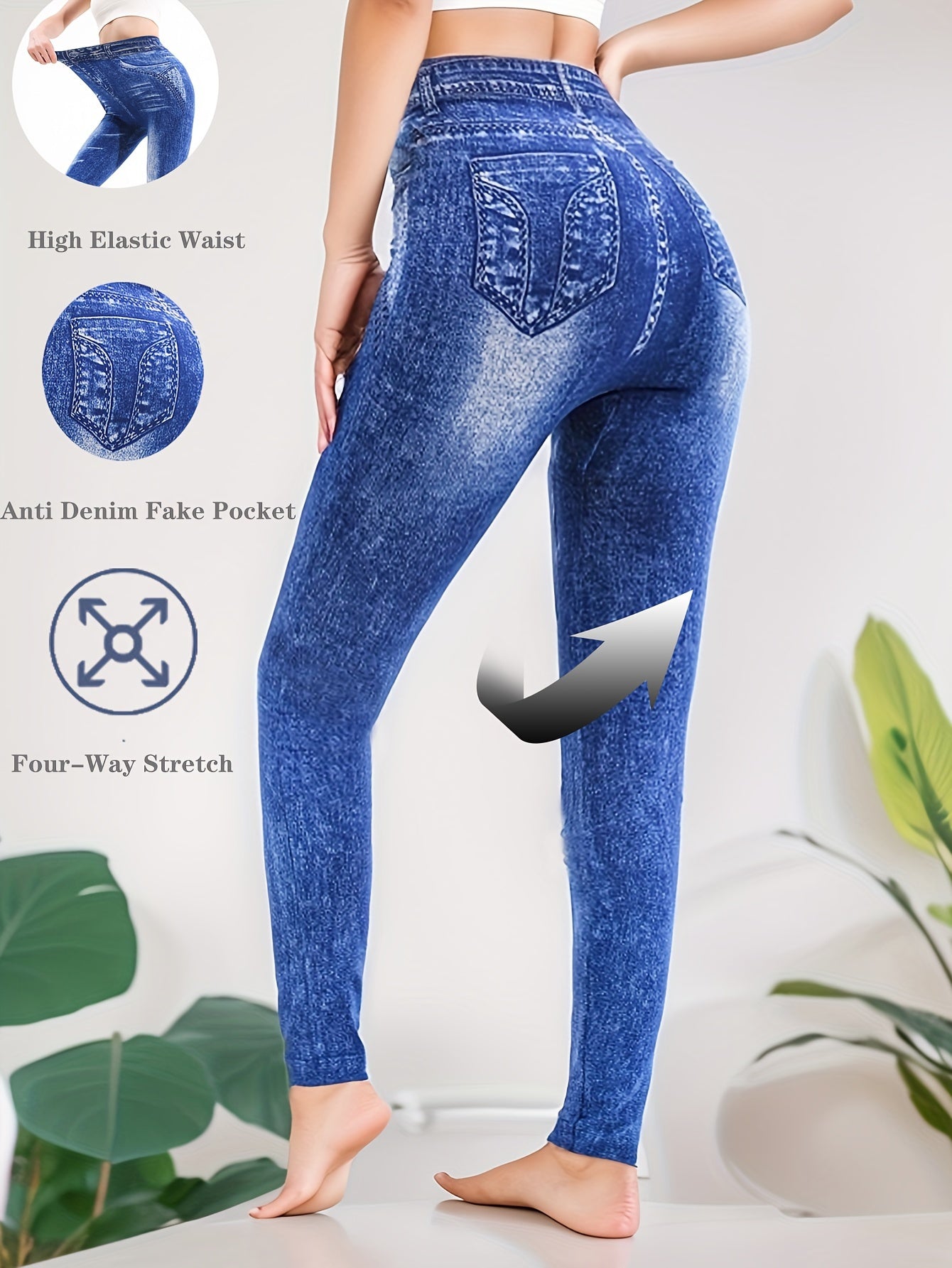 Fashion Casual Women's Imitation Denim Bottoms Printed Sports Tight Seamless High Waist Elastic Whitening Pattern Imitation Denim Plank Women's Tight Fitness Leggings Fitness Clothing