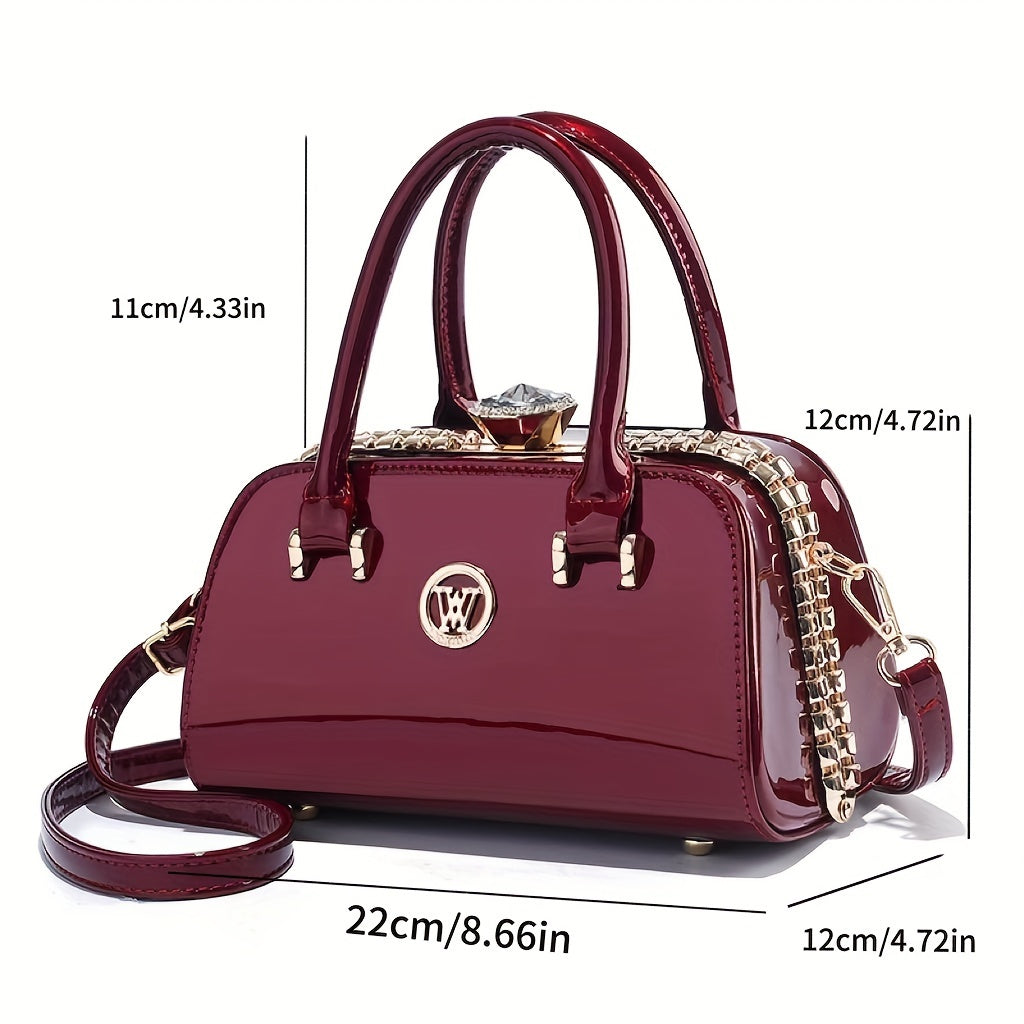 Elegant Solid Color Top-Handle Crossbody Bag with Buckle Closure, PU Leather, Polyester Lining - Versatile Fashion Handbag with Chain Detail