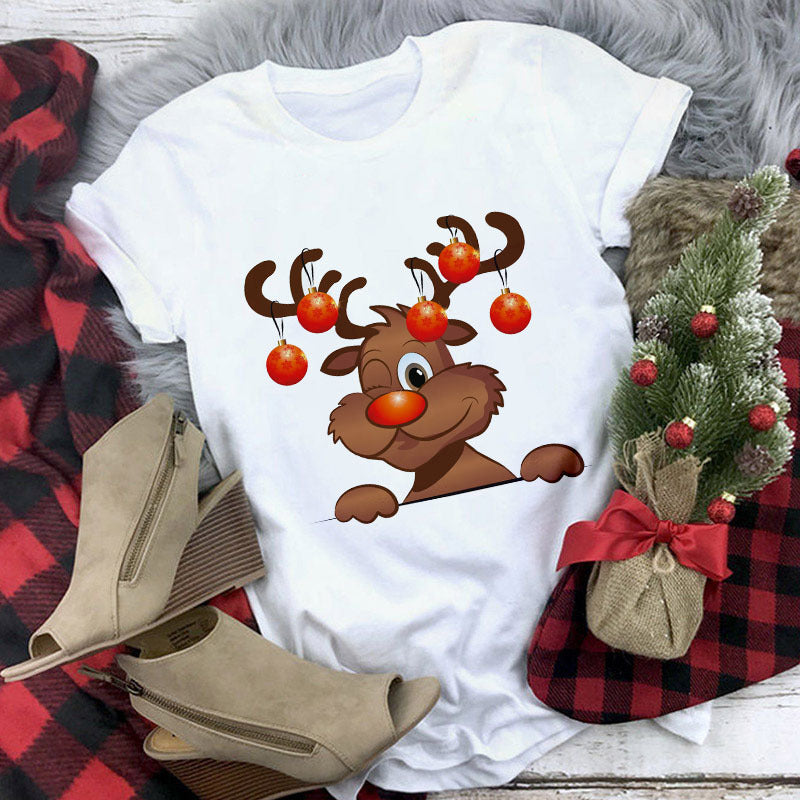 Christmas Lady Short-sleeved T-shirt Cartoon Santa Claus Print Street Casual T-shirt-Aria Doejay