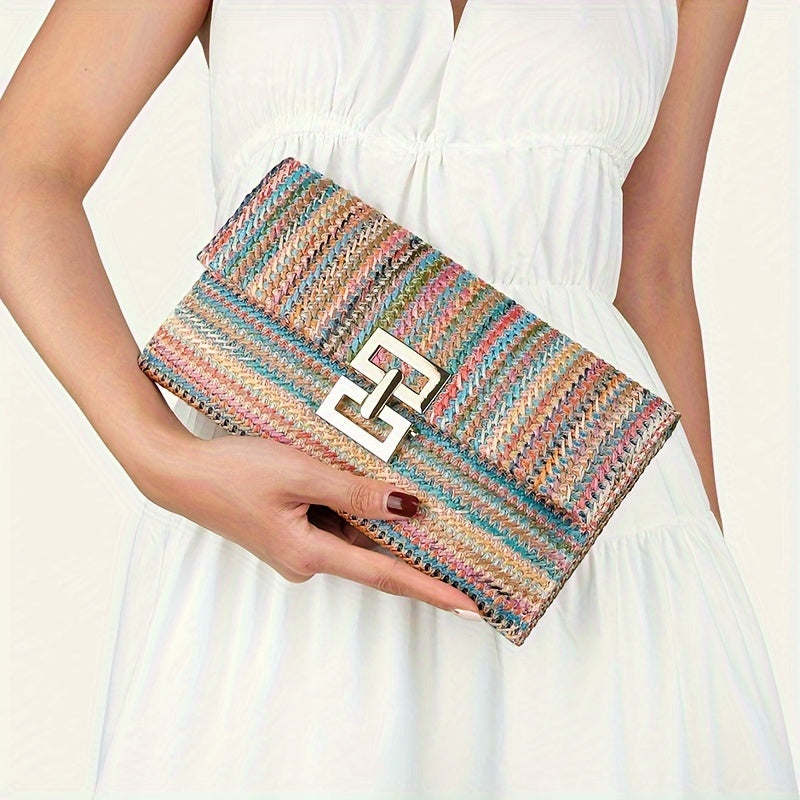 Vibrant Bohemian Woven Clutch Purse - Square Flap Wallet with Straw Weave Design, Magnetic Snap Closure, and Spacious Interior - Perfect for Summer Vacation, Beach, and Outdoor Activities