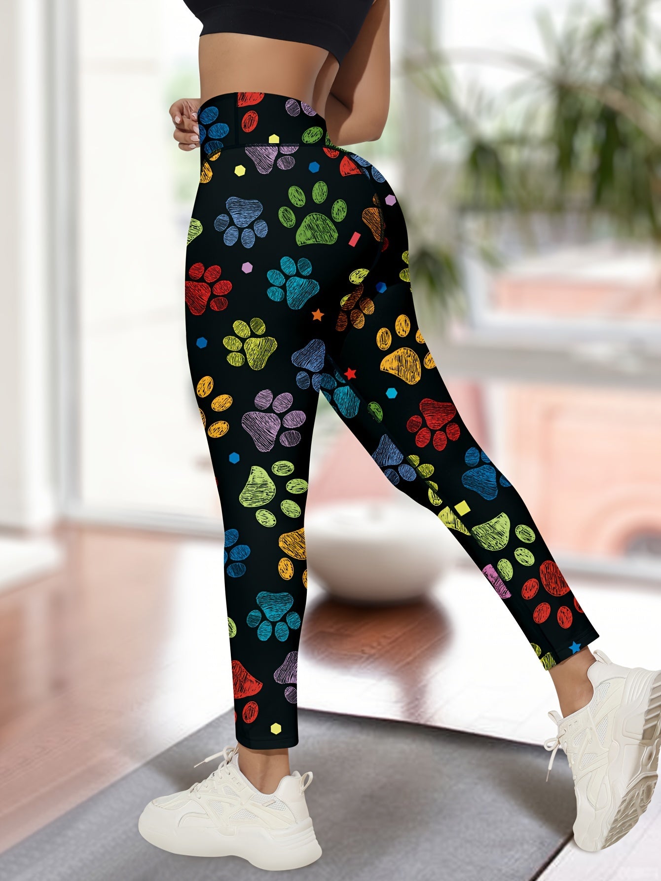 Women's Yoga Pants - High Elasticity, All-Season, Long Length, Printed Bear Paw Pattern, Casual Style, Polyester Knit Fabric, Tight Fit, Adult - Comfortable, Stretchable, Flattering Yoga Leggings