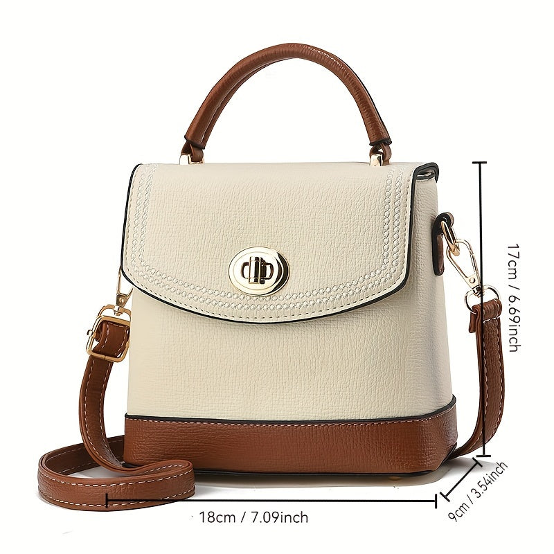 Women's Fashion Shoulder Bag, White PU Leather, Adjustable Strap, Turn Lock Closure, Polyester Lining, Solid Color, European Style, No Print, No Embellishment, No Pattern, No Special Features