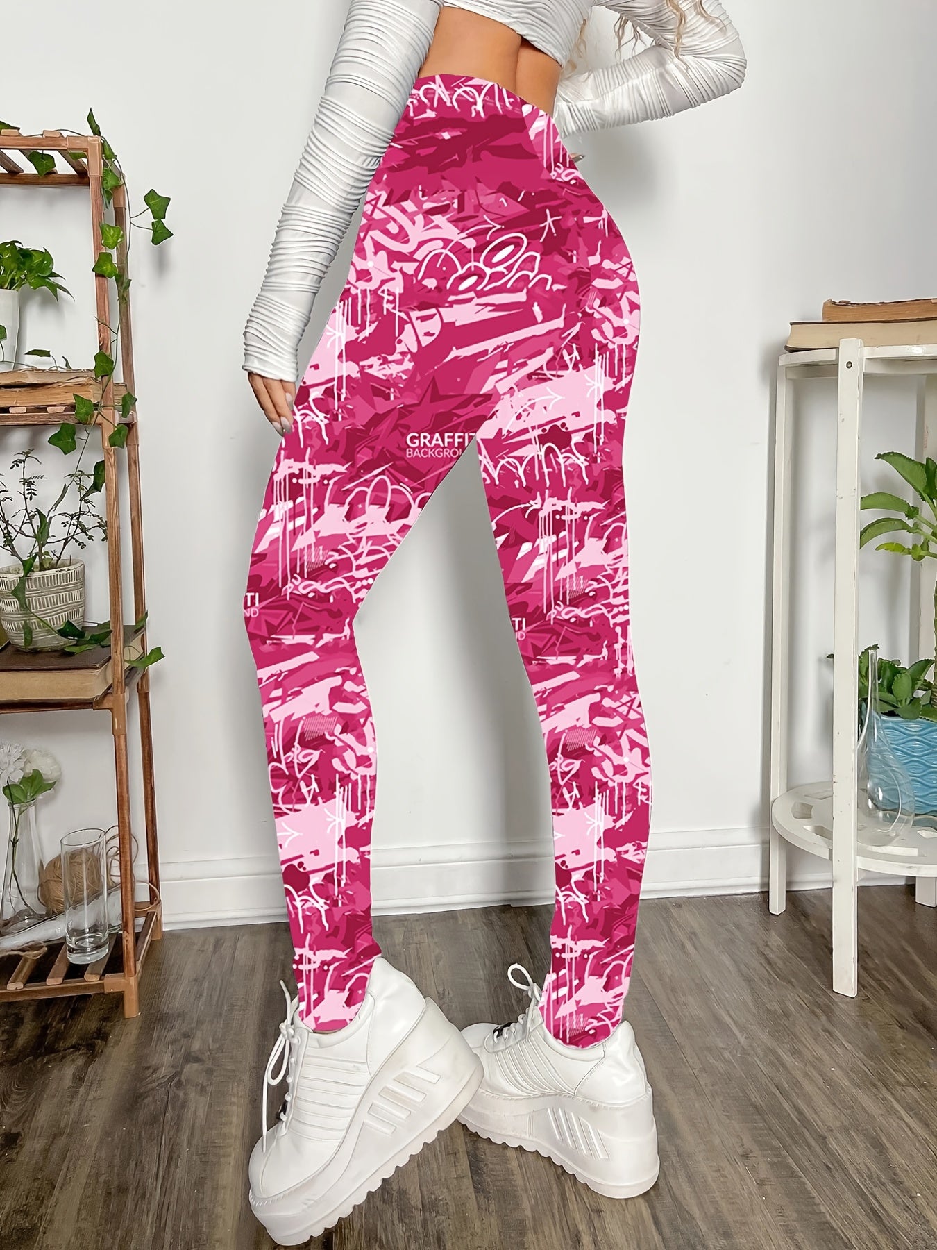 Casual Skinny Leggings, Graffiti Print Every Day Stretchy Women's Clothing