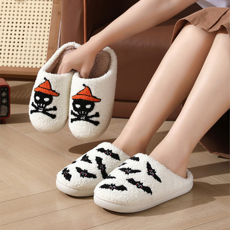 Halloween Skull Rose Slippers Winter Warm Indoor Floor Bedroom Home Slipper For Women