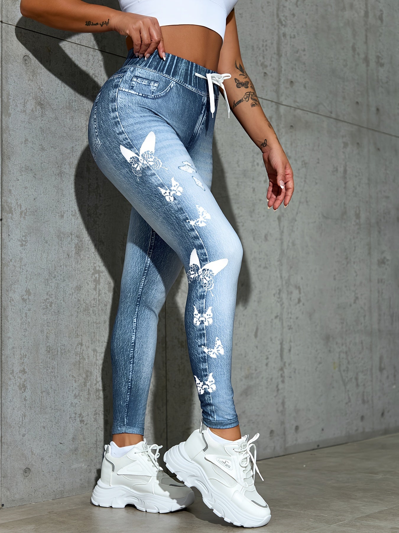 High Waist Faux Denim Print Leggings, Casual Skinny Stretchy, Women's Clothing