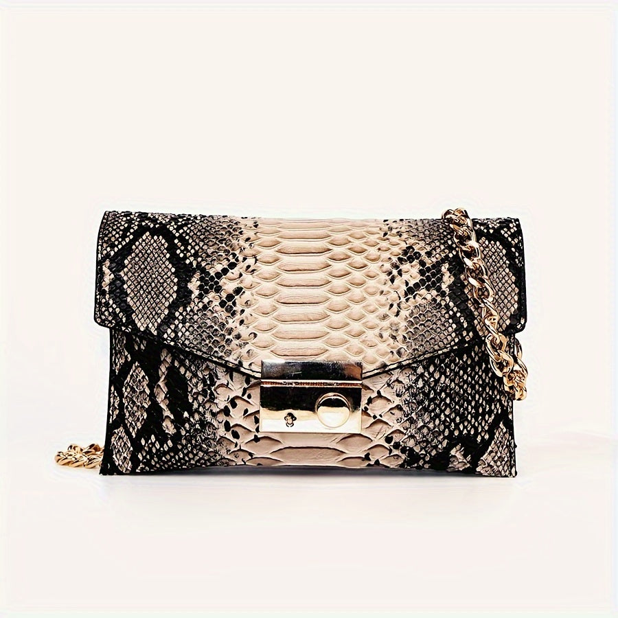 Chic Snakeskin Pattern Chain Crossbody Bag for Women - Sustainable Faux Leather, Luxury Square Shoulder Purse with Kiss Lock Closure