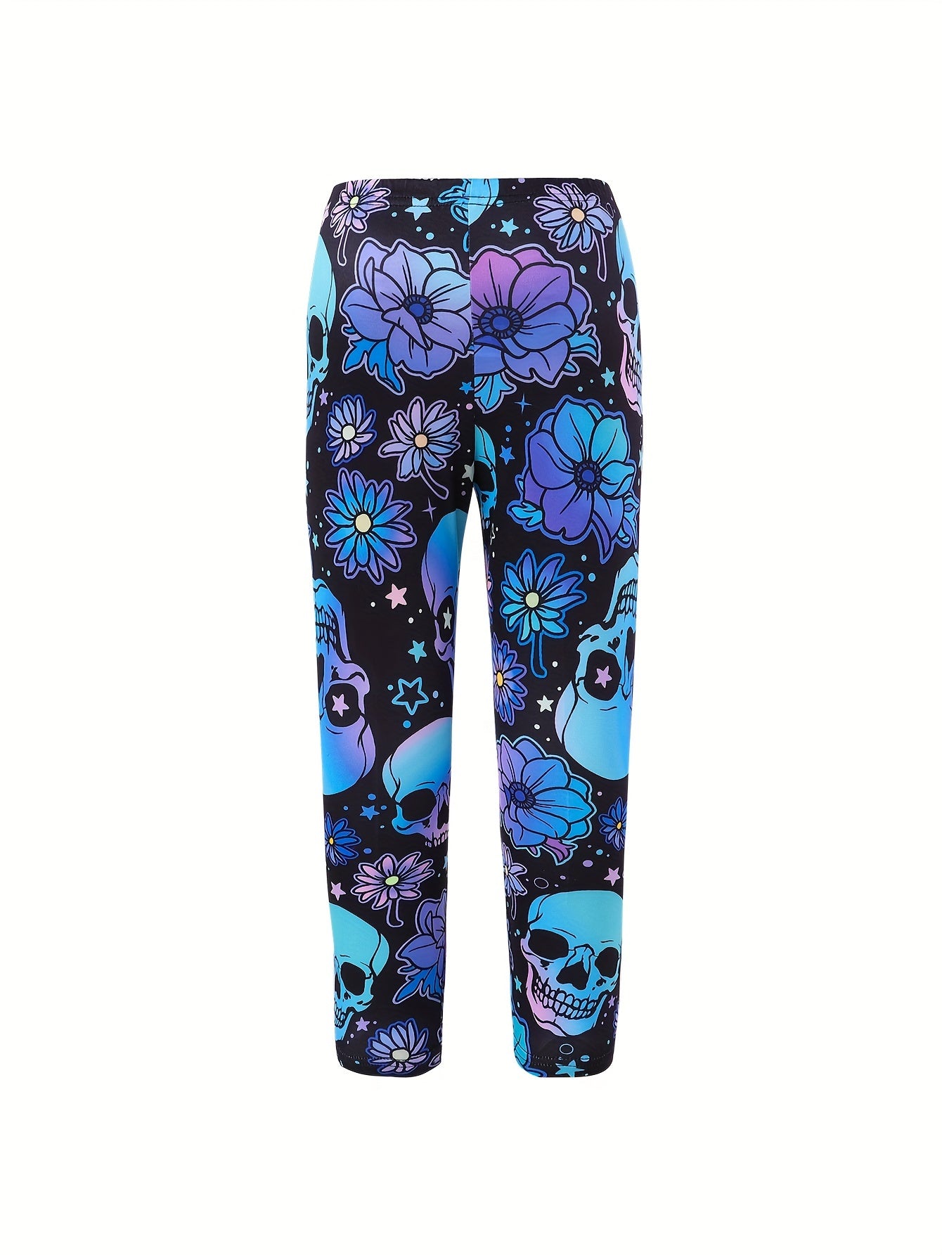 Halloween Glow-in-the-Dark Pumpkin and Skull Floral Print Leggings for Ages 12 and Under - Casual Polyester Spandex Blend with Slight Stretch, Knit Fabric, Regular Fit - 2-Pack