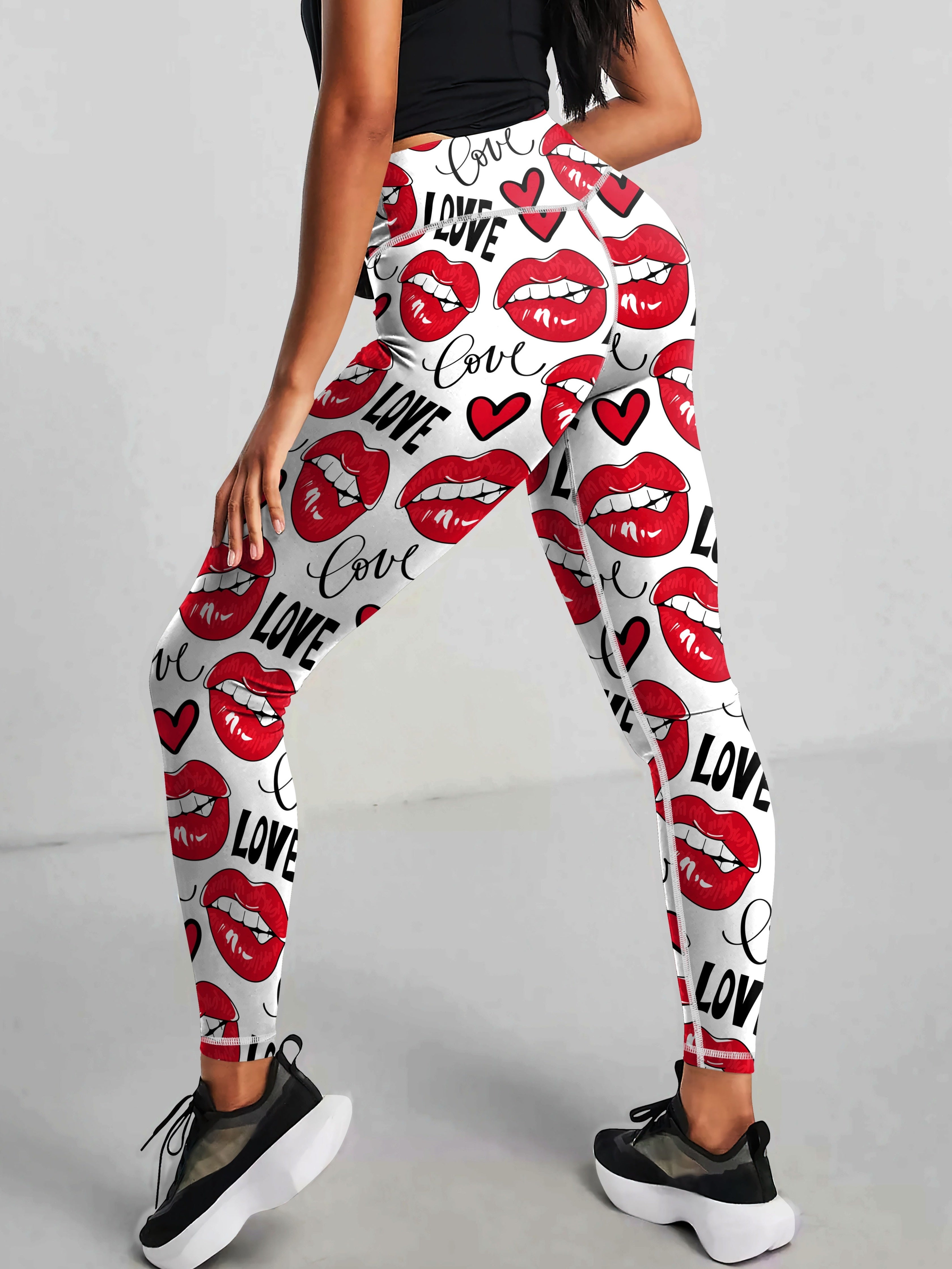 High Waist Elastic Women's Printed Valentine's Day Yoga Leggings, Love & Lipstick Tummy Control Casual Sports Pants, Comfortable Fitness Workout Running Athletic Style