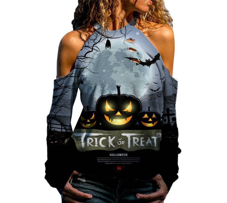 Halloween Off Shoulder Printed Top Womens Casual Loose Stitching Long Sleeved T-Shirt