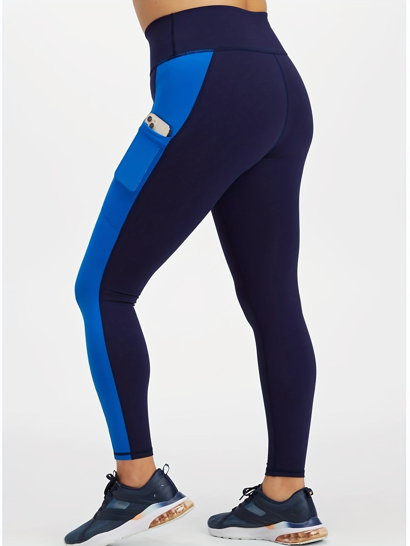 Contrast Color High Waist Yoga Pants With Pocket, Sports Running Workout Leggings, Women's Activewear