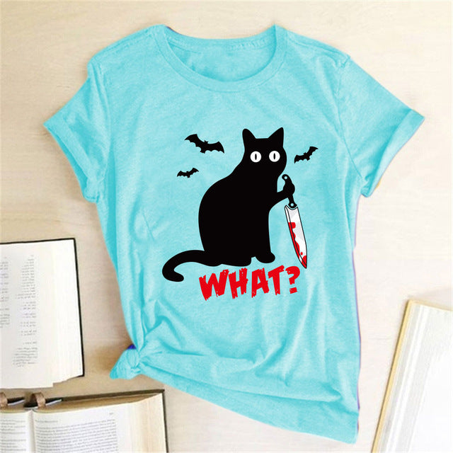 Halloween What Bloody Cat European And American Short-sleeved Female T-shirt