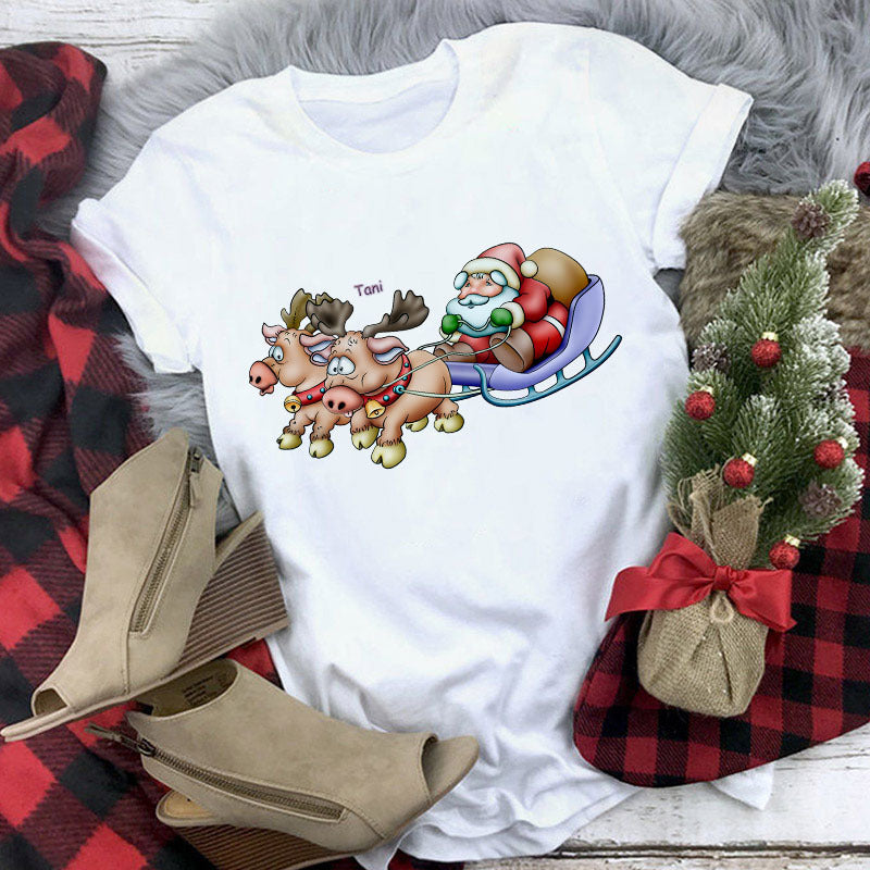 Christmas Lady Short-sleeved T-shirt Cartoon Santa Claus Print Street Casual T-shirt-Aria Doejay