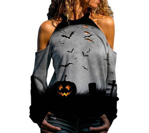 Halloween Off Shoulder Printed Top Womens Casual Loose Stitching Long Sleeved T-Shirt