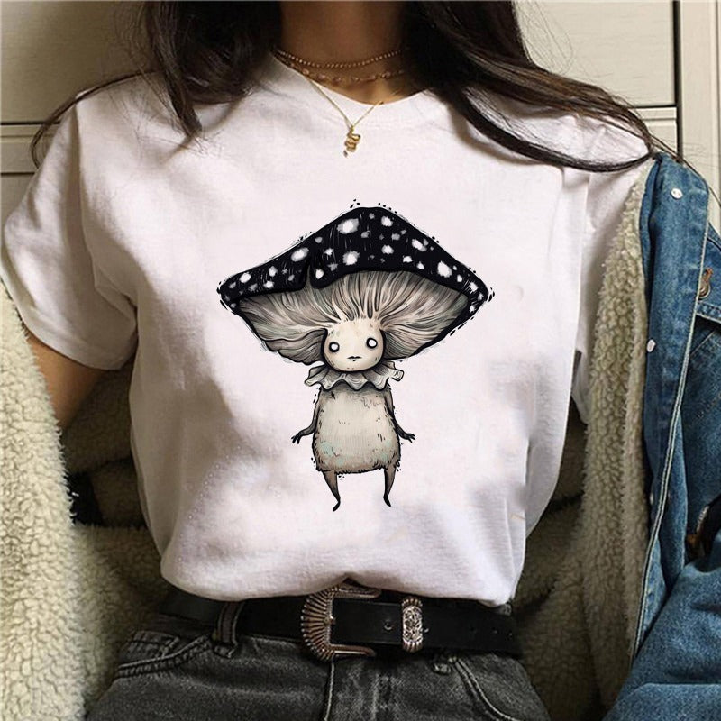 Cartoon Cat Mushroom Halloween Print T-shirt Short Sleeve-Aria Doejay