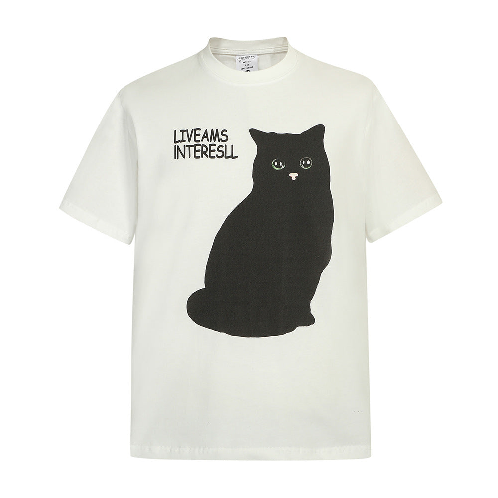 Black Cat Printed Short-sleeved T-shirt For Men-Aria Doejay