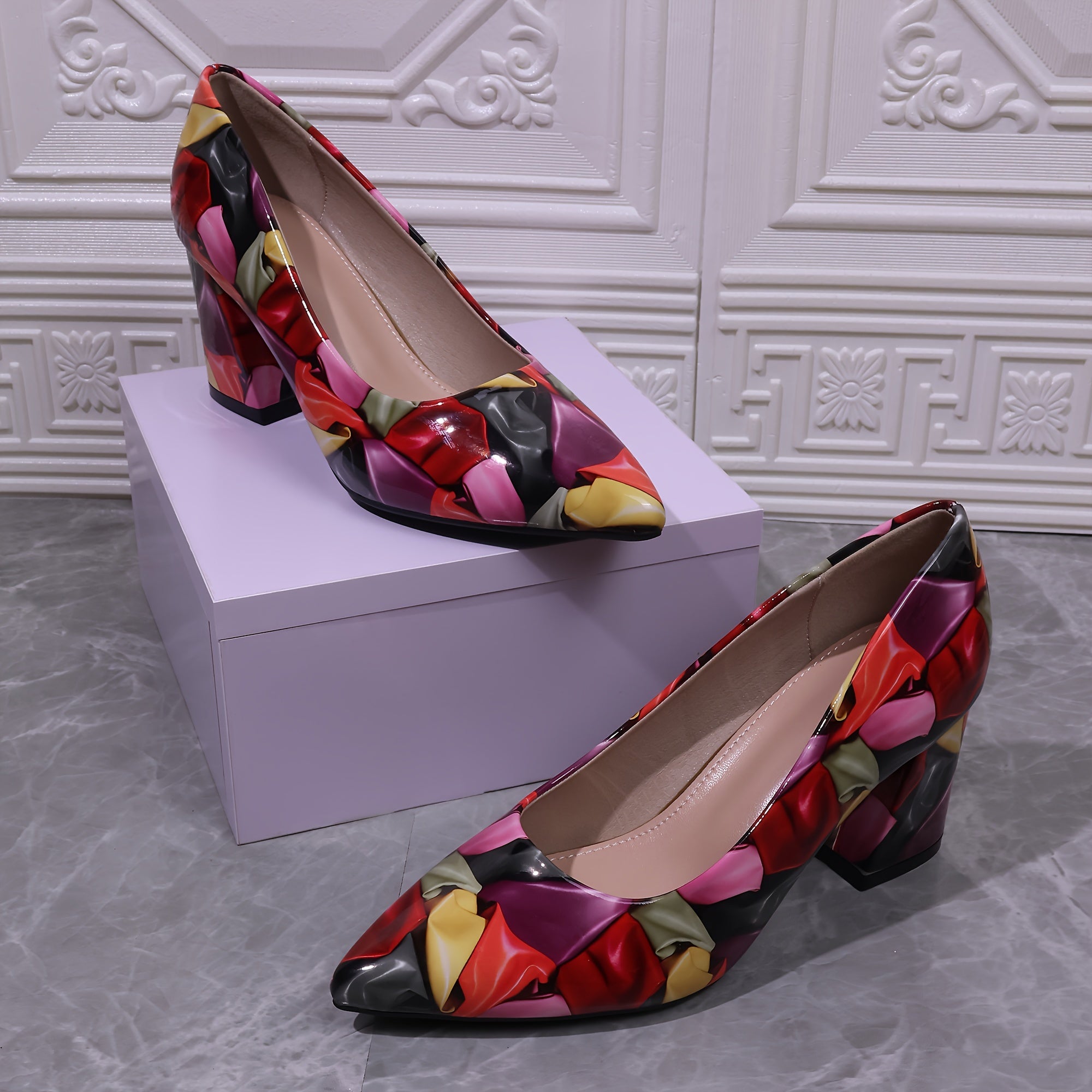 Women's Colorful Print Pumps, Shallow Mouth Slip On Party Chunky Heels, Point Toe Formal Shoes