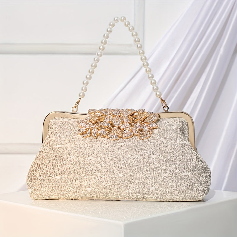 Elegant Lace Evening Clutch with Detachable Strap - Champagne/Black, Perfect for Weddings & Parties