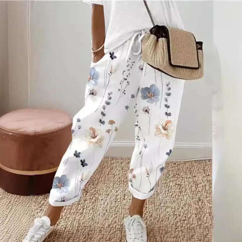 Spring New Women's Casual Printed Elastic Waist With Pockets Cropped Straight Pants-Aria Doejay