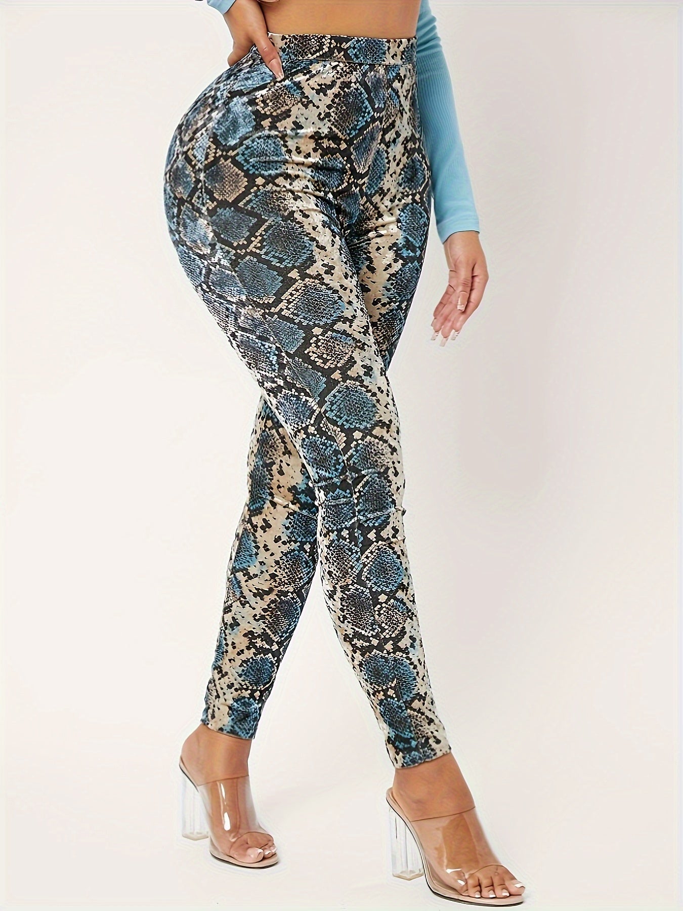 Elegant Polyester Snake Print Leggings - High Waist, Mid-Stretch, Knit Fabric, All-Season Comfort