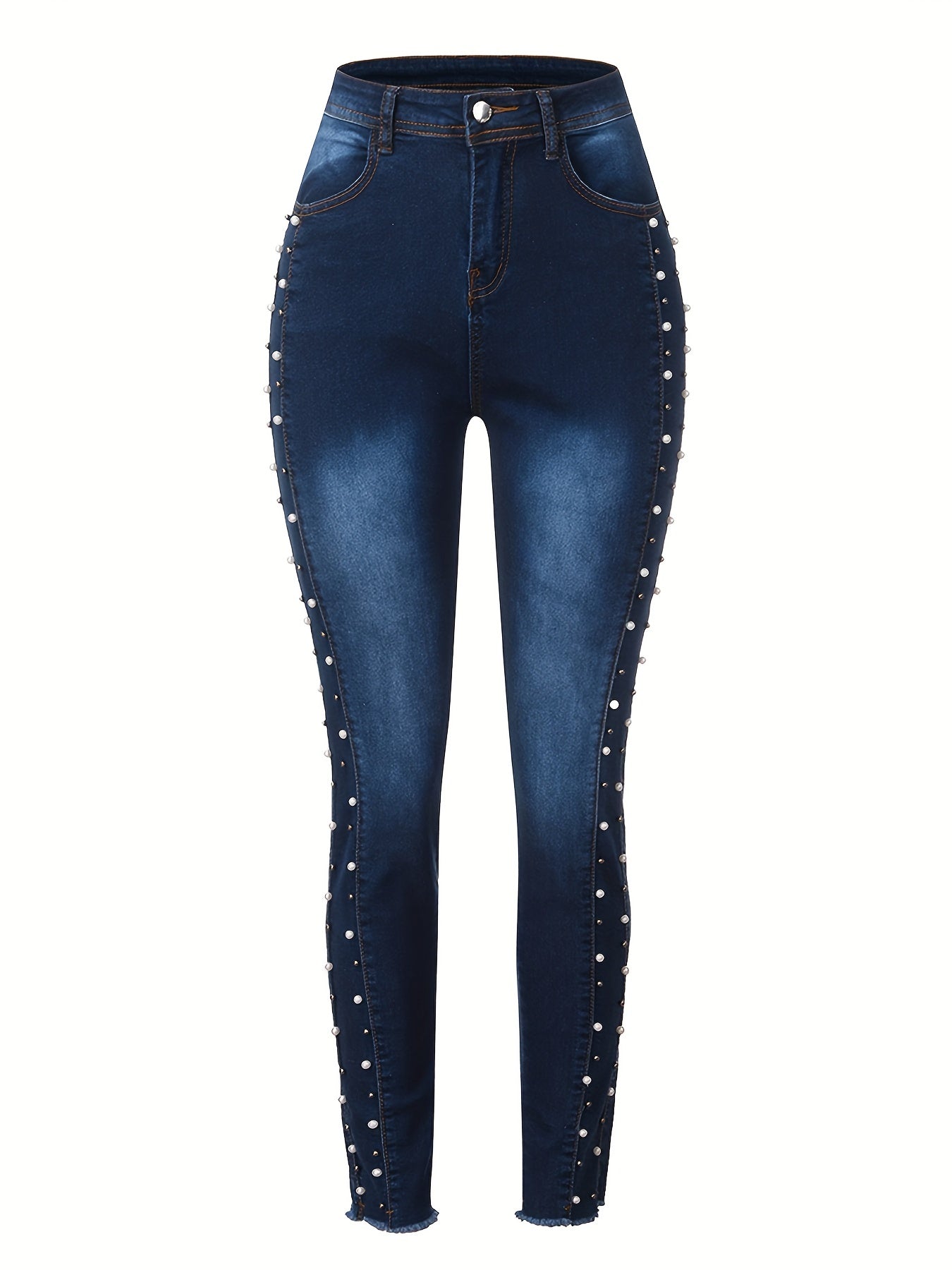 Elegant Beaded High-Waist Skinny Jeans – Stretch Denim for Style & Comfort