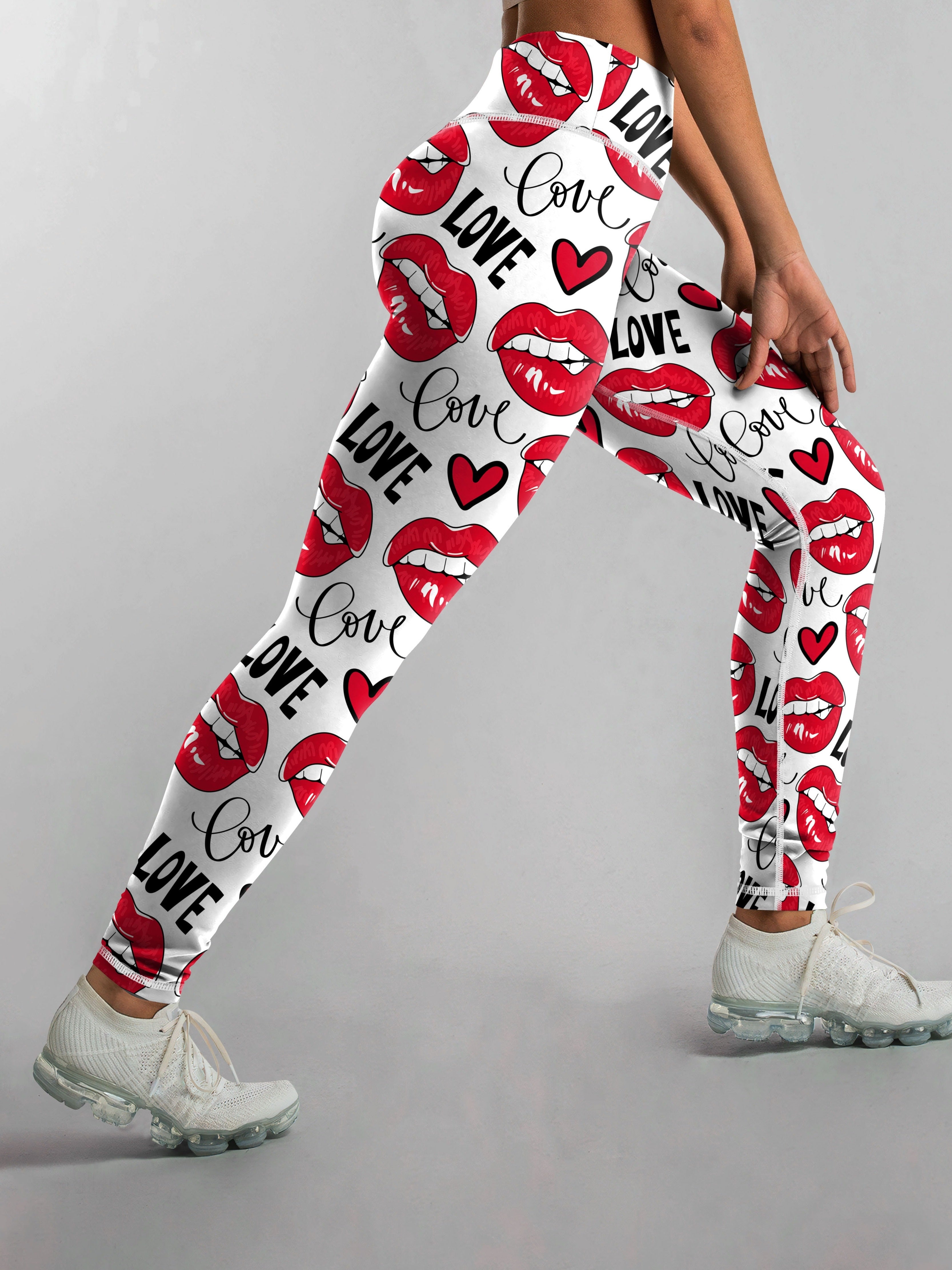 High Waist Elastic Women's Printed Valentine's Day Yoga Leggings, Love & Lipstick Tummy Control Casual Sports Pants, Comfortable Fitness Workout Running Athletic Style