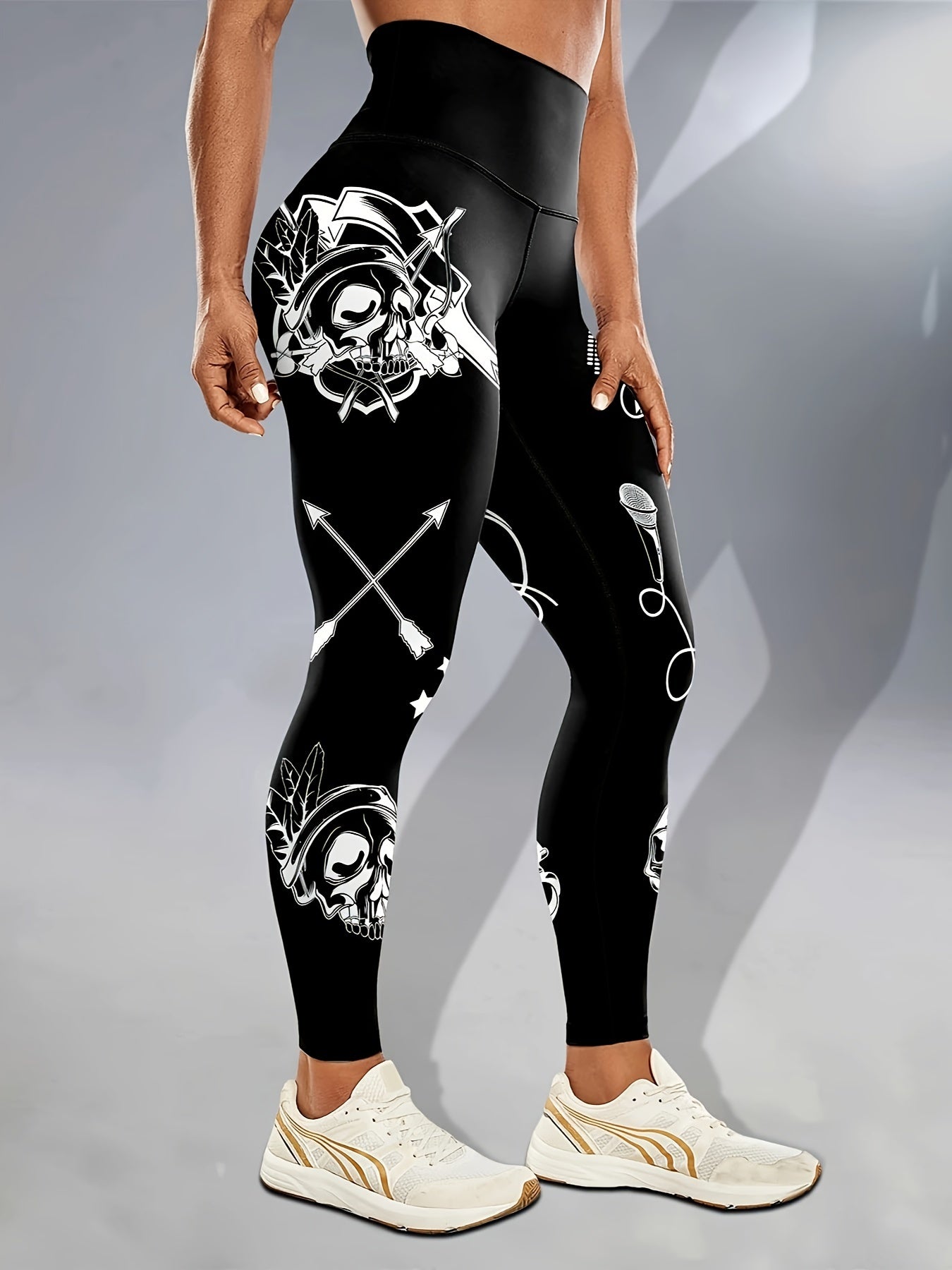 Casual Sportswear Tight Pants, Fluorescent Black Leggings With Glowing Skull, Printed High Waisted Elastic Tummy Control Workout Running Yoga Pants