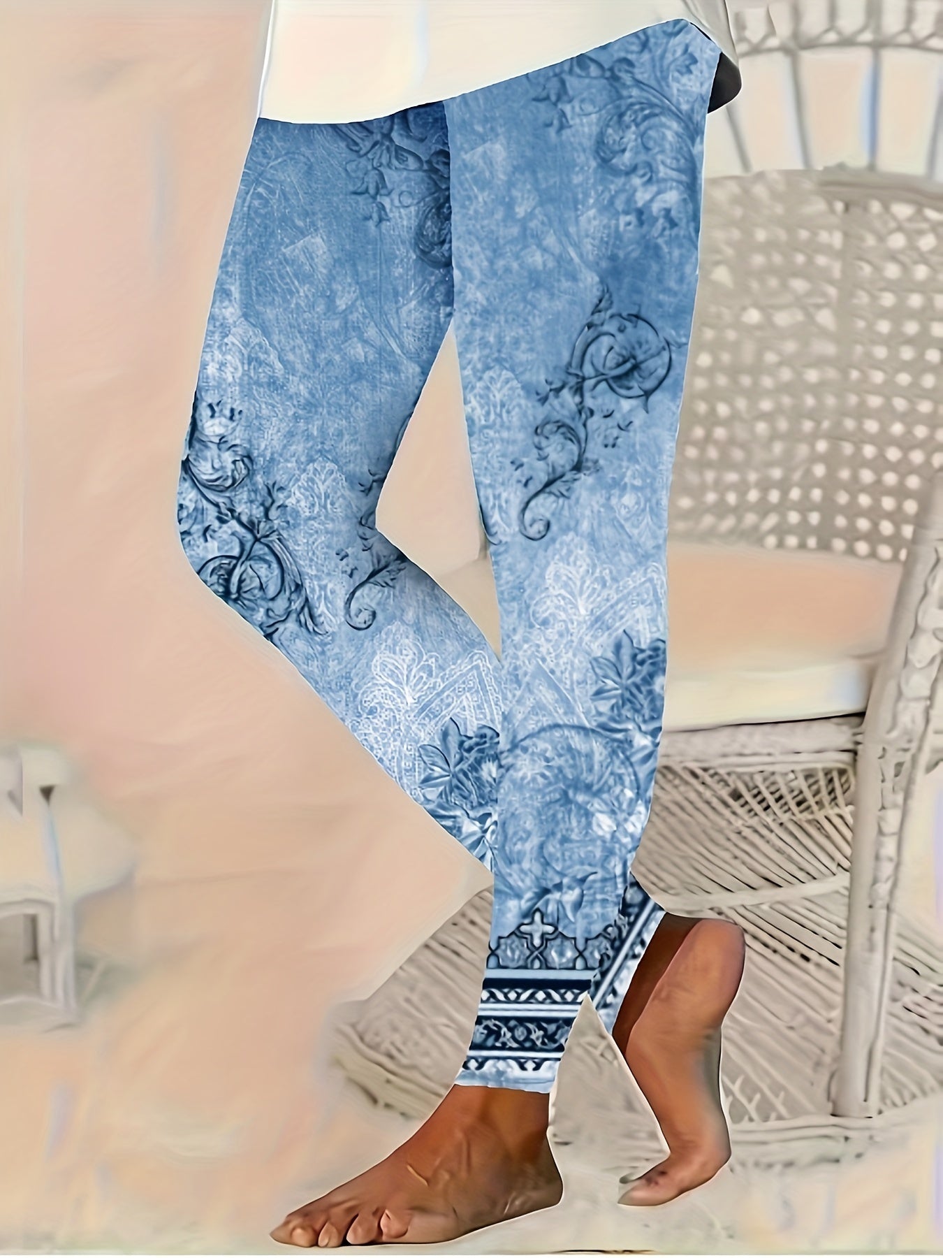 Elegant Plus Size Floral Print Leggings for Women - High-Waist, Stretchy & Comfortable, Non-See-Through, Polyester Blend, Machine Washable - Perfect for All Seasons