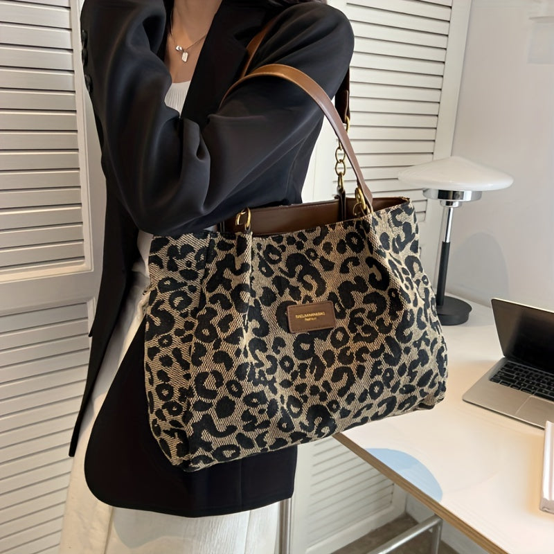 Women's Leopard Print Tote Bag - Faux Leather Shoulder Bag with Zipper Closure, Polyester Lined, Fixed Strap for Casual Outings