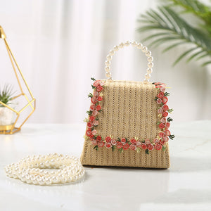 Lace Style Straw Bag With Pearl Portable Diagonal Cross Cute