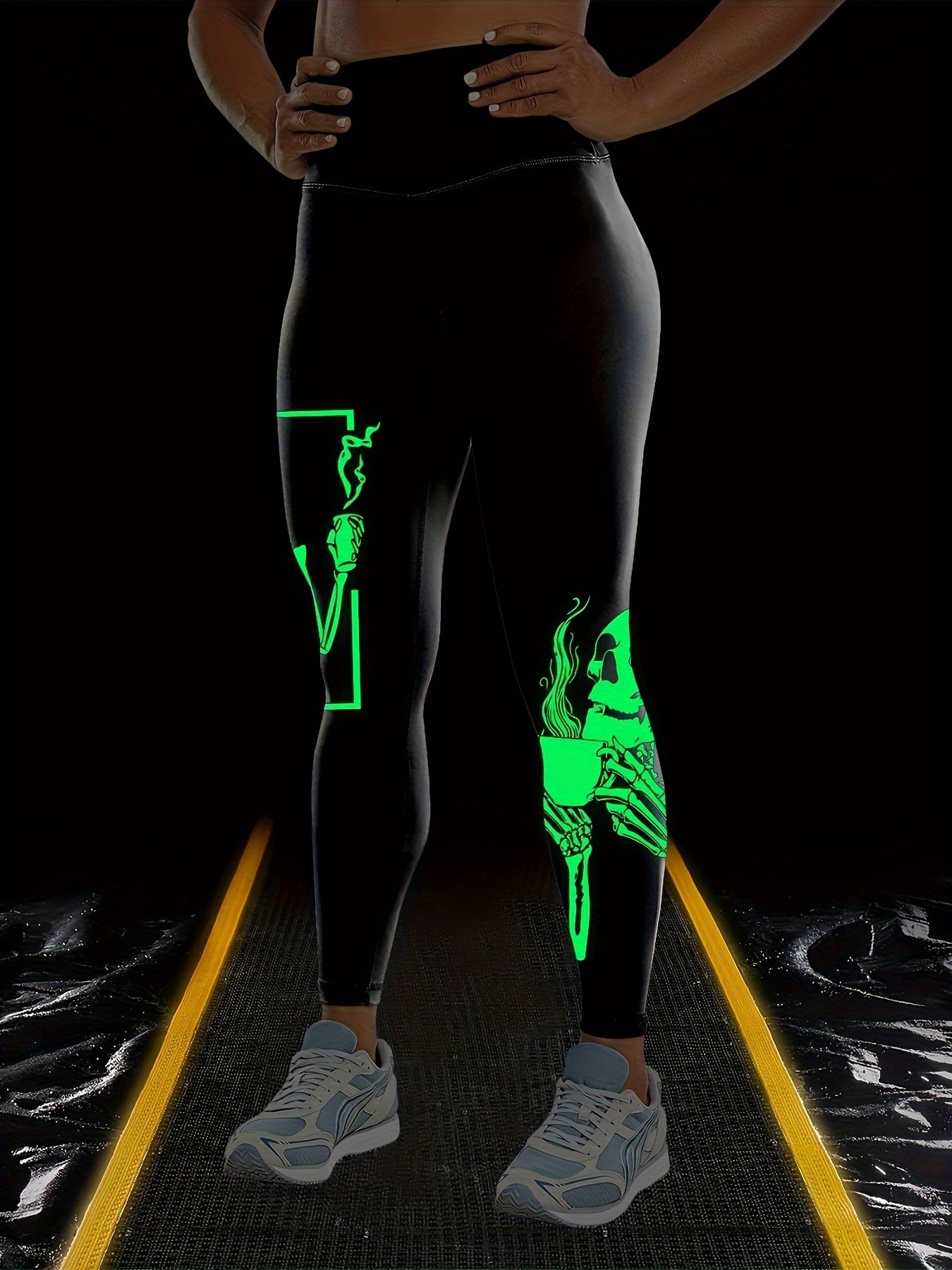 Women's Glow in the Dark Halloween Skeleton Printed Leggings, High Waist Tummy Control Sports Yoga Pants, Polyamide & Spandex Stretch Knit, All-Season Fitness Running Gear