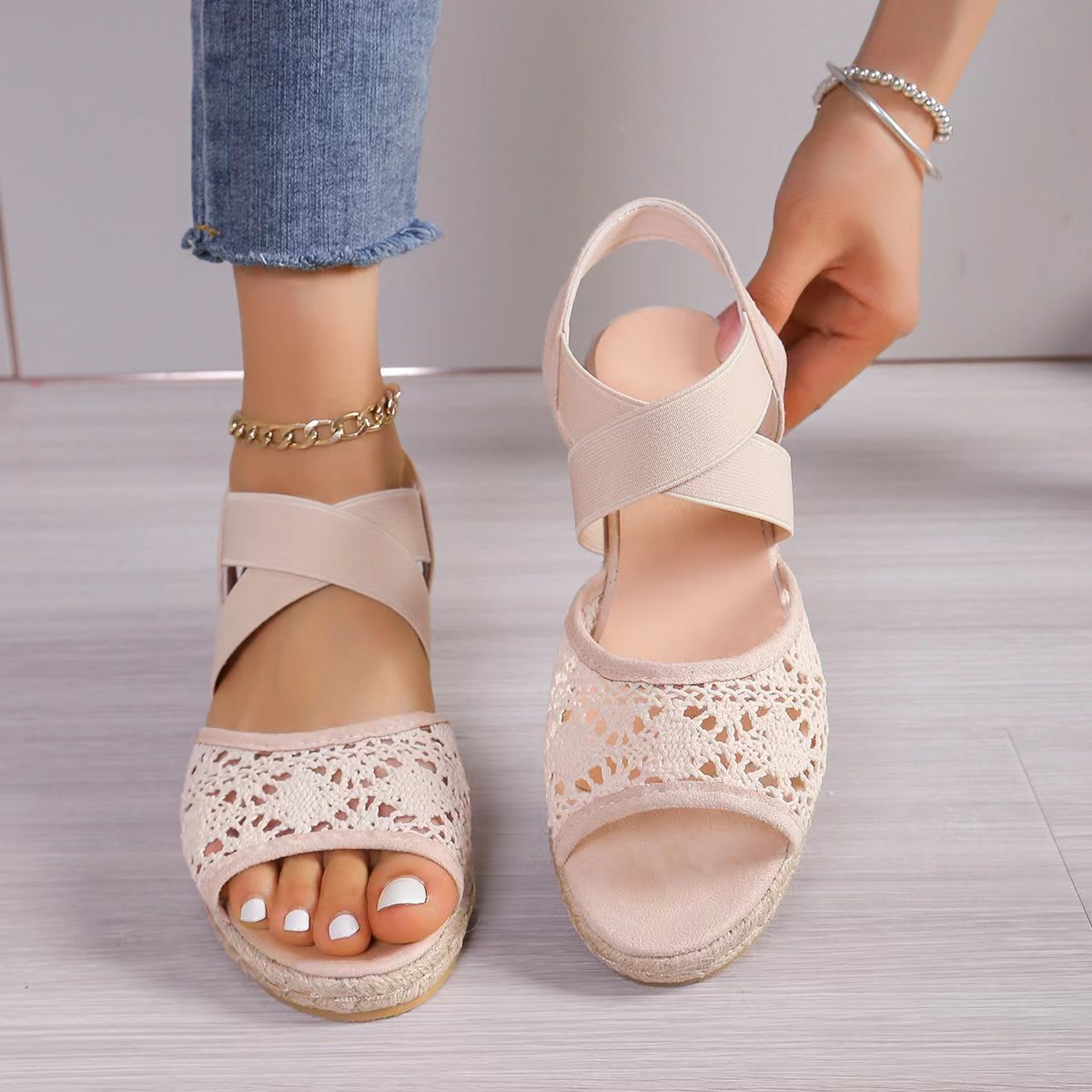 Lace Hollow Sandals Summer Fashion Hemp Wedges Shoes Women-Aria Doejay