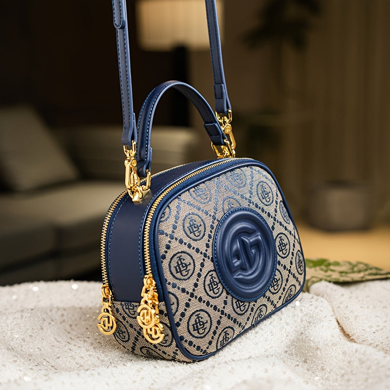 Casual Geometric Pattern Embroidered Canvas Crossbody Bag with Adjustable Strap and Zipper Closure, Fade Resistant, Polyester Lined, Embellished Messenger Bag in Blue - Guangzhou Origin