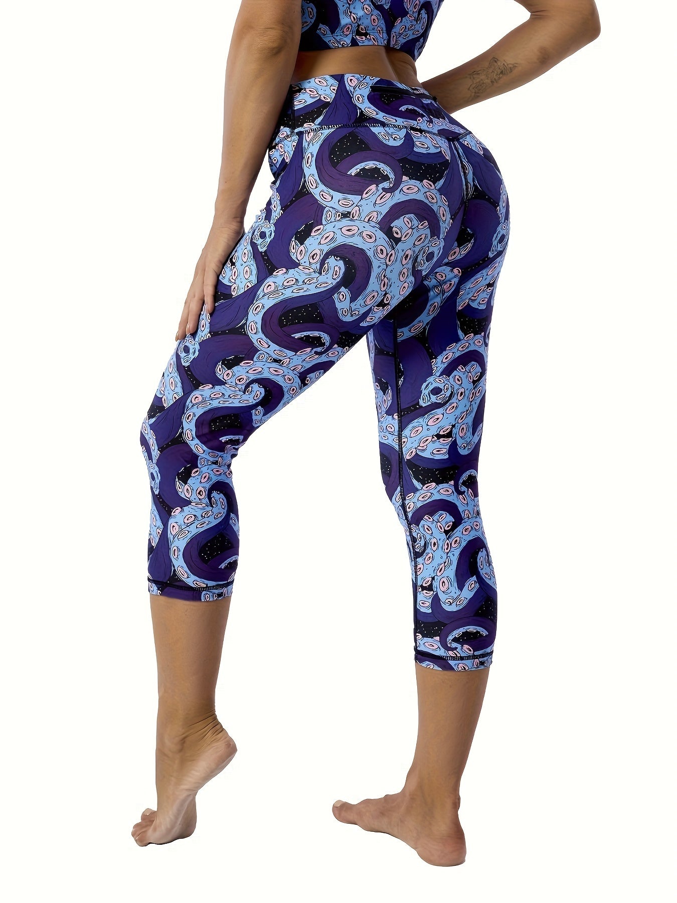 Women's Yoga Capri Pants, Printed Sports Leggings with Tummy Control and Lift, Zipper Pocket, Basic Active Wear, Stretch, Workout, Fitness