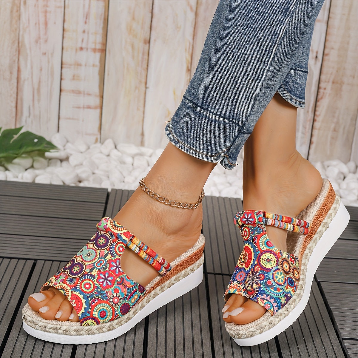 Vibrant Colorful Mandala Wedge Sandals - Slides with Comfortable Platform, Slip-On Design, Stylish Vacation Shoes for Beach, Pool, and Summer Fun - Perfect for Women's Comfortable Walking and Relaxation