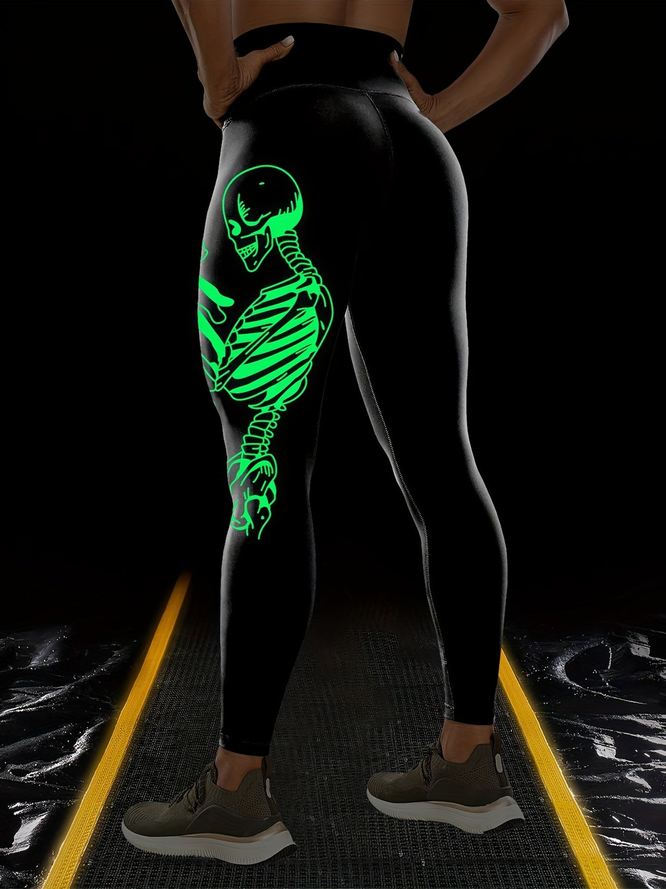 Fluorescent Skull Halloween Printed Sports Yoga Leggings, High Waist Workout Running Sports Tight Pants, Women's Activewear Carnaval & Music Festival